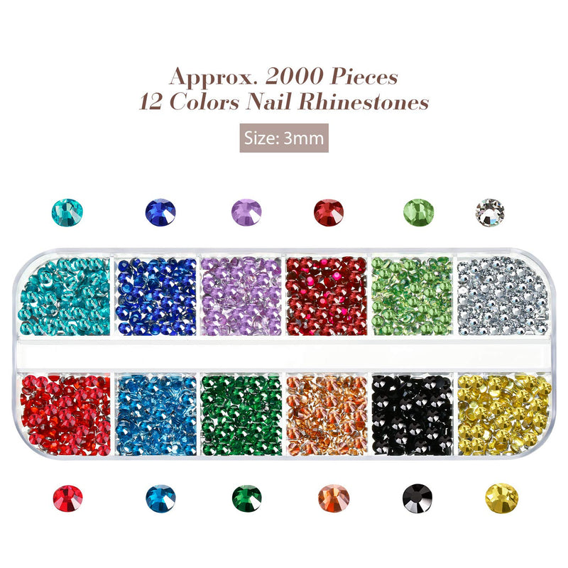 2000 Pieces Nail Art Rhinestones Flatback Crystal 12 Colors, 240 Pieces Metal 3D Roses Flowers, 4 Bottles AB Glass Nail Micro Caviar Beads with Micro Pixie Beads, Tweezers, Rhinestone Picker for DIY - BeesActive Australia