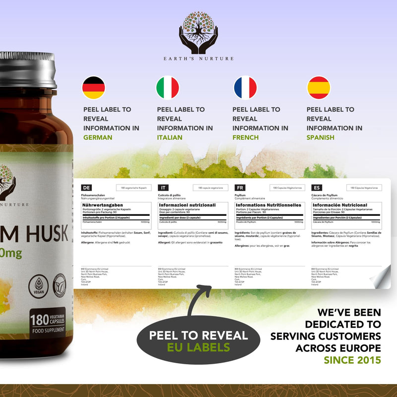 EN Psyllium Husk Capsules | 180 Vegan Fibre Capsules - 1000mg Psyllium Husks per Serving | Fibre Supplement with Physillan Husk | No Filler, Non, GMO, Gluten & Dairy Free | Made in the UK - BeesActive Australia
