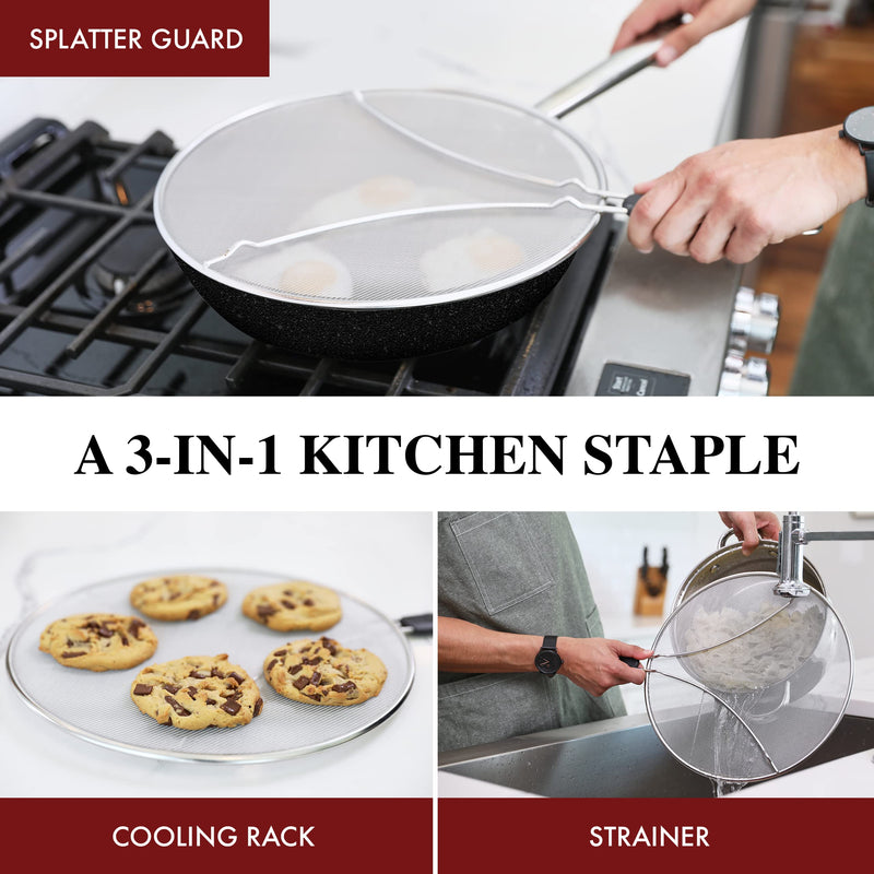 BergKoch Splatter Screen for Frying Pan - 13 Inch Stainless Steel Grease Splatter Guard - Cover Oil Splash when Sizzling Bacon, Cooking Fried Chicken or Popcorn 13-inch - BeesActive Australia