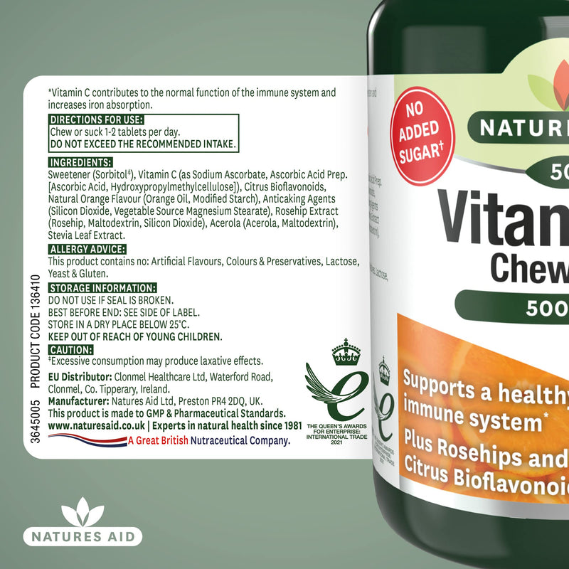 Natures Aid Chewable Vitamin C 500 mg, Sugar Free, Suitable for Vegans, 50 Tablets - BeesActive Australia