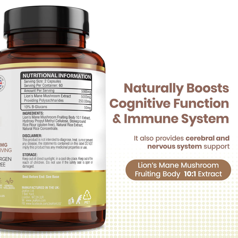 JeaKen - Lions Mane Mushroom, Immune System Booster and Brain Power Supplement, Promotes Cognitive Function and Wellness, 120 Vegan Lions Mane Capsules - BeesActive Australia