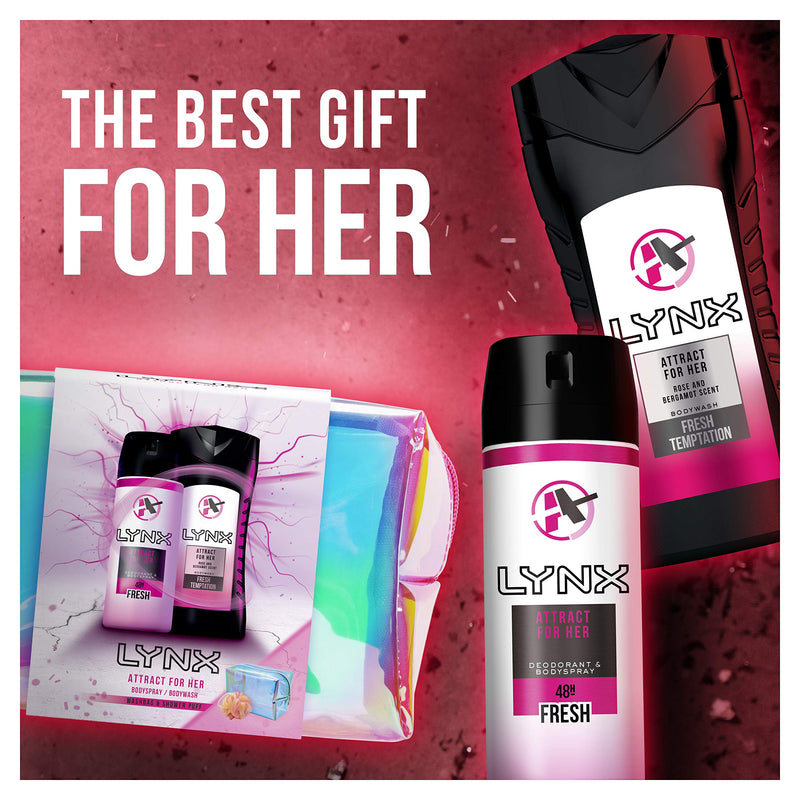 Lynx Attract For Her Washbag Gift Set, Ideal for Girls And Teenagers, Duo Pack Shower Gel And Deodorant Body Spray, Includes a Shower Loofah Puff - BeesActive Australia