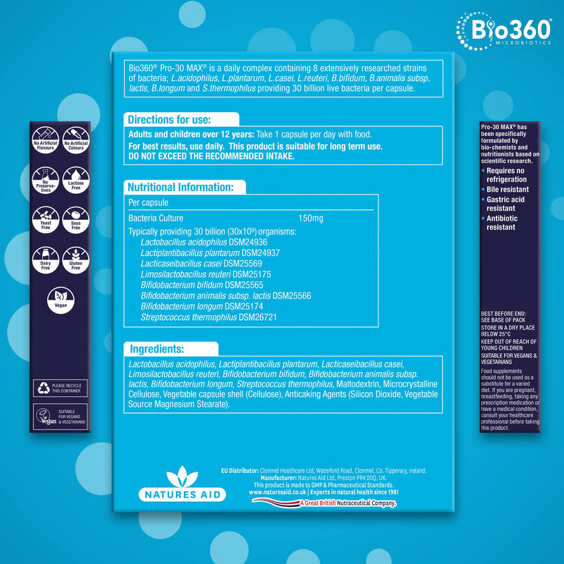 Natures Aid Bio360 Pro-30 MAX (30 Billion Bacteria), from Natures Aid, 30 Capsules Bio360 Pro-30 MAX 30 Capsules - BeesActive Australia