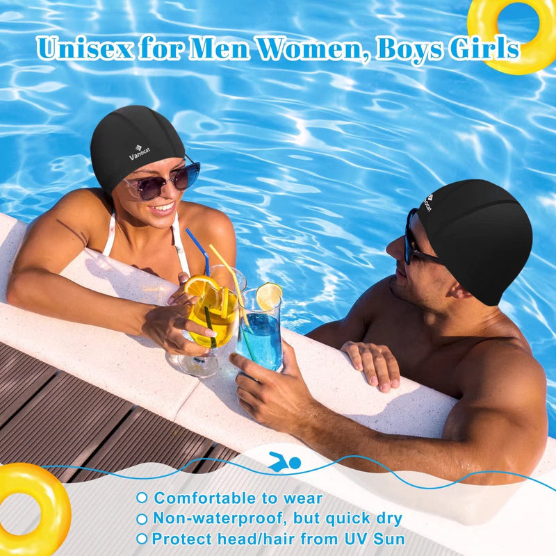 2 Pack Lycra Swim Caps for Women Men, High Elasticity Spandex Fabric Swimming Caps for Long/Short Hair, Comfortable Swim Hats with Ear Plugs & Nose Clip Black+Black - BeesActive Australia