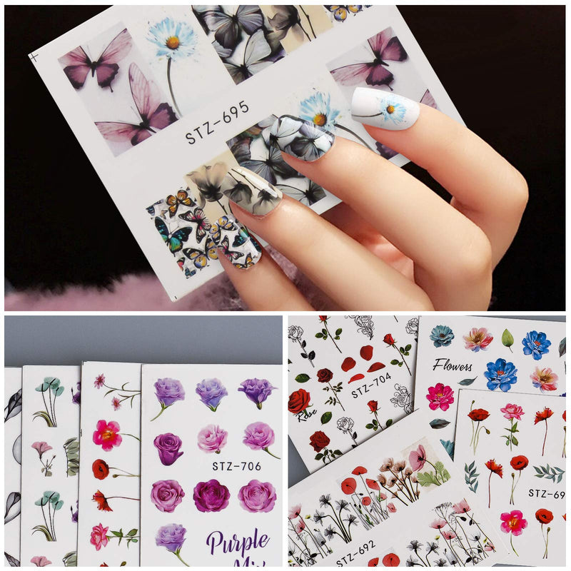 24 Pcs Flower Nail Stickers Water Transfer Nail Art Decals, TOROKOM Fresh Nail Stickers Decals Leaf Flowers Plants Nail Art Stickers for DIY Manicure Tips Fingernails & Toenails Decor - BeesActive Australia