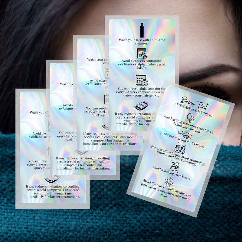 Brow Tint Aftercare Instruction Cards | 50 Pack | 2x3.5” inches Business Card Size | Brow Tint Henna |Snatched Brows Non Reflective Matte Holographic Look Design (Holographic) - BeesActive Australia