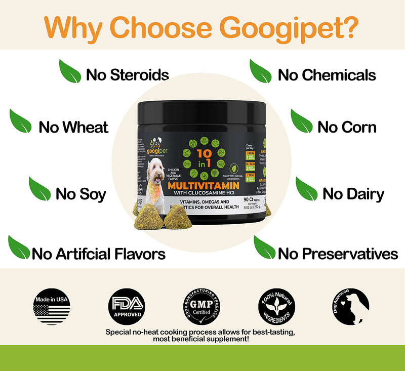 Googipet 10 in 1 Dog Multivitamin with Dog Probiotics for Dogs Gut Health, Dog Vitamins with MSM & Glucosamine for Dogs Hip & Joint Support - Chondroitin & Omega 3 for Skin & Coat - Allergy Support Chicken & Vegetable - BeesActive Australia