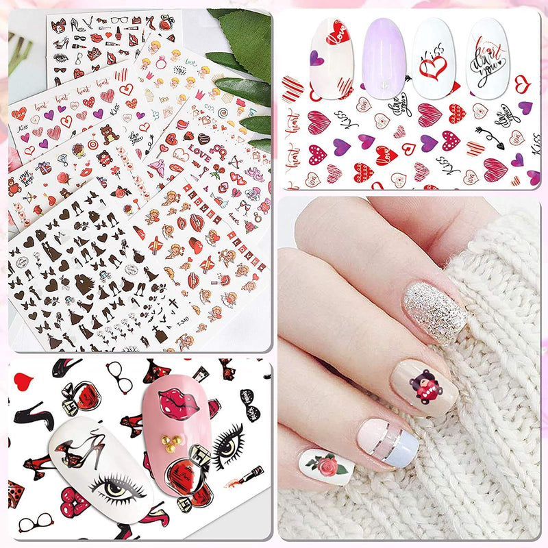 SILPECWEE 12 Sheets Valentine's Day Adhesive Nail Art Stickers Decals Set 1Pc Tweezers 3D Nail Strips Lips Tips LOVE Heart Manicure Kit NO1 - BeesActive Australia