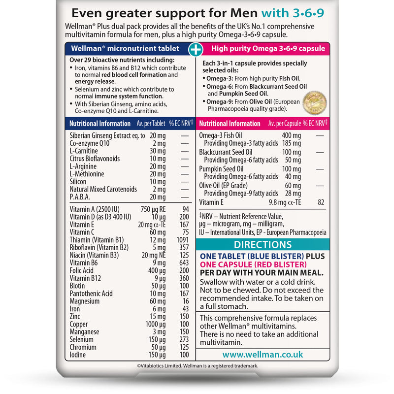 Wellman Plus Vitamins. UK's No.1 for Men. Comprehensive Multivitamin formula with Vitamin D, Omega 3-6-9 and Micronutrients. By Vitabiotics - BeesActive Australia