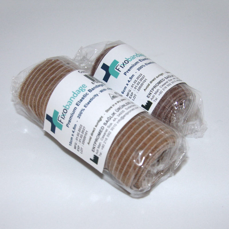 FIXOBANDAGE Premium Elastic Bandage, Pack of 2 - Width : 10cm + 6cm x Length : 4,5m(Streched) - Compression Bandage with Clips - BeesActive Australia