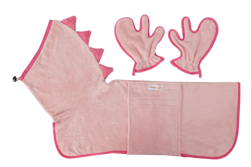 Pawyee Super Soft Fast-Drying Dog Towel Set for Cold Weather, Beach, Pool - Adjustable Microfiber Bath Robe with Drying Gloves for Cats and Dogs Large Pink Dino - BeesActive Australia