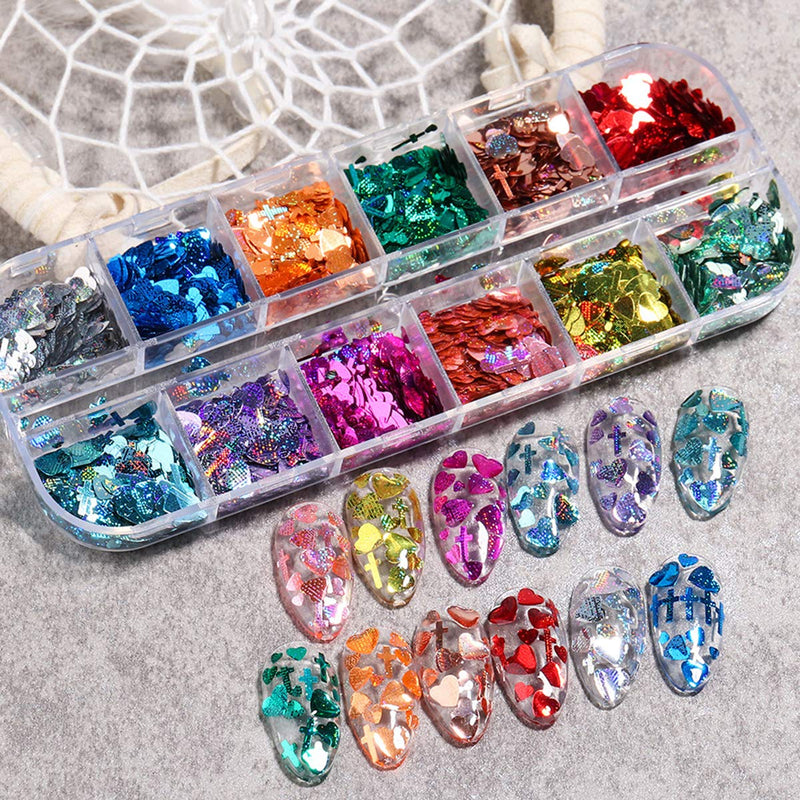 3D Holographic Nail Glitter Sequins Love Heart Cross Nail Beauty Charms Supplies Sparkly Paillette Confetti Nail Stickers Cosmetic Glitter Sequin Accessories Nail Decoration for Women Kids(12 Grids) - BeesActive Australia