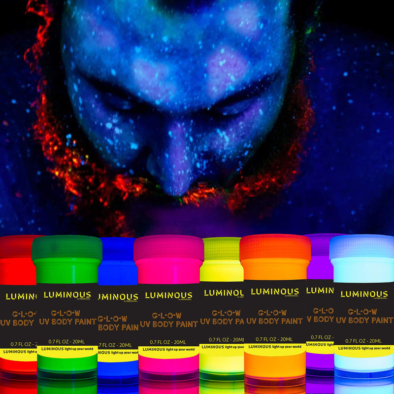LUMINOUS UV Body Paint - Set of 8 x 20 ml / 0.7 fl oz  pots- Black Light Neon Make-Up - Bodypainting Neon Blacklight Bodypaint Face Paints - BeesActive Australia