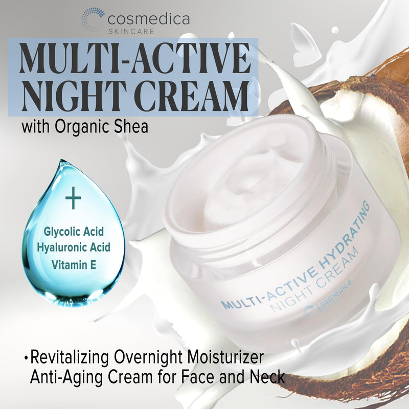 Cosmedica Skincare Multi-Active Hydrating Night Cream - Revitalizing Overnight Moisturizer & Anti-Aging Cream for Face and Neck with Hyaluronic Acid, Organic Shea, Glycolic Acid and Vitamin E, 2 oz - BeesActive Australia