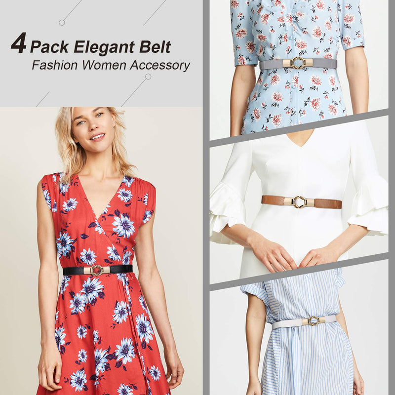 WERFORU Women Skinny Belt for Dresses Retro Stretch Ladies Waist Belt Plus Size Set of 4 Fits Waist 30"-42" A-black+brown+white+gray - BeesActive Australia