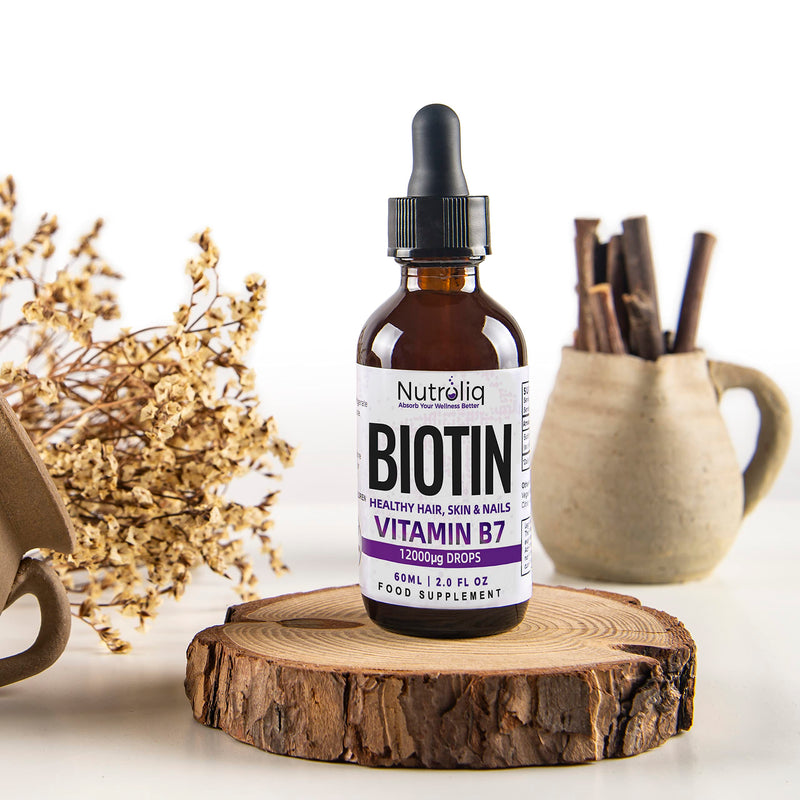 Nutroliq Biotin Liquid Drops - Vegan Vitamin B7 Dietary Supplement for Hair, Nail & Skin Health - Pure 12000mcg Biotin Drops for Hair Growth - Extra Strength Berry-Flavoured Vitamin H Serum - 60 ml - BeesActive Australia