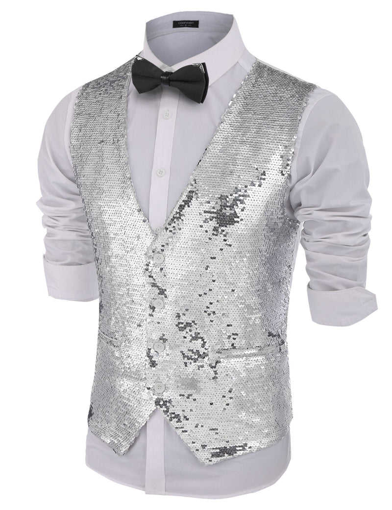 COOFANDY Men's Slim Fit Sequins Vest V-Neck Shiny Party Dress Suit Stylish Vest Waistcoat Silver Small - BeesActive Australia