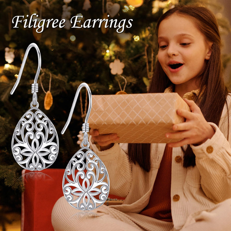 Filigree Teardrop Earrings for Women Sterling Silver Leverback Filigree Dangle Drop Earrings Filigree Flower Jewelry for Girls - BeesActive Australia