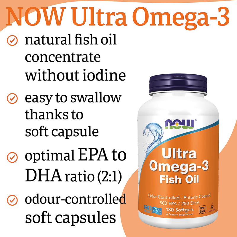 Now Foods, Ultra Omega-3, 500 EPA / 250 DHA, 180 Softgels, Lab-Tested, Fish Oil, Gluten Free, Non-GMO - BeesActive Australia