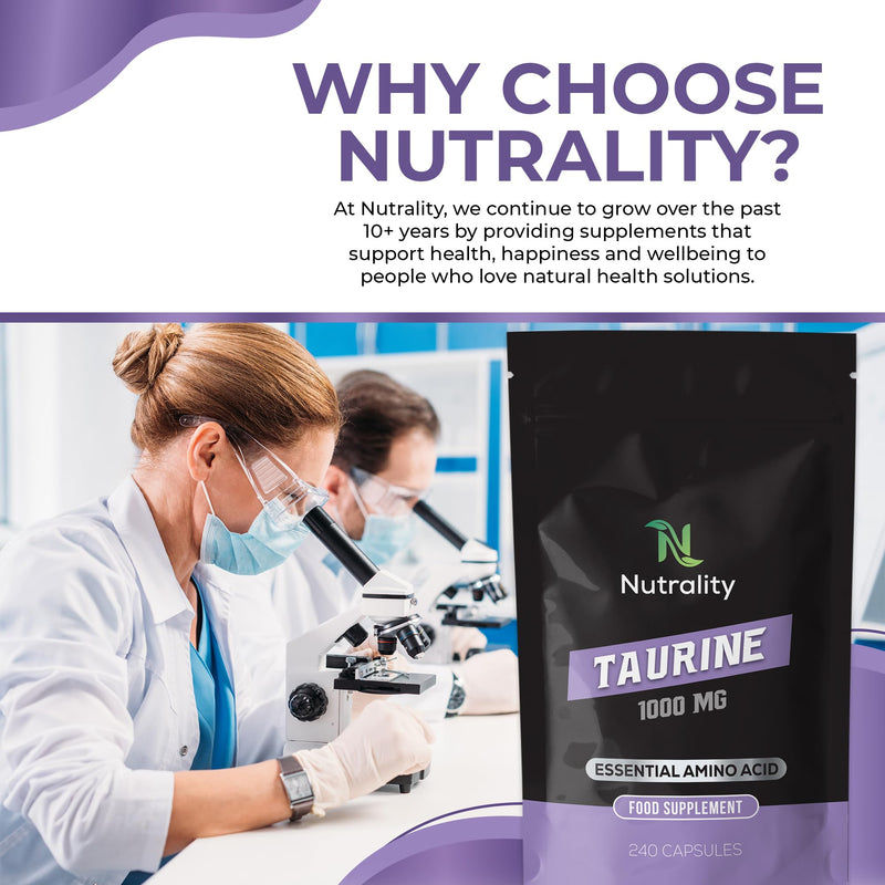 Nutrality Taurine Supplement 1000mg 240 Capsules-High Strength Energy and Endurance-Amino Acid Supplement for Overall Health- Sports Performance - Sleep Improvement-Suitable for Vegan, Vegetarians - BeesActive Australia