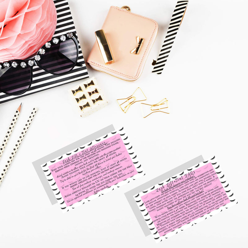 Lash Lift + Tint Aftercare Instruction Cards | 50 Pack | 2 x 3.5” inches Business Card Size | Eyelash Lift and Tint Kit at Home DIY aftercare Supplies | Lash Print with Pink Inlay Design - BeesActive Australia