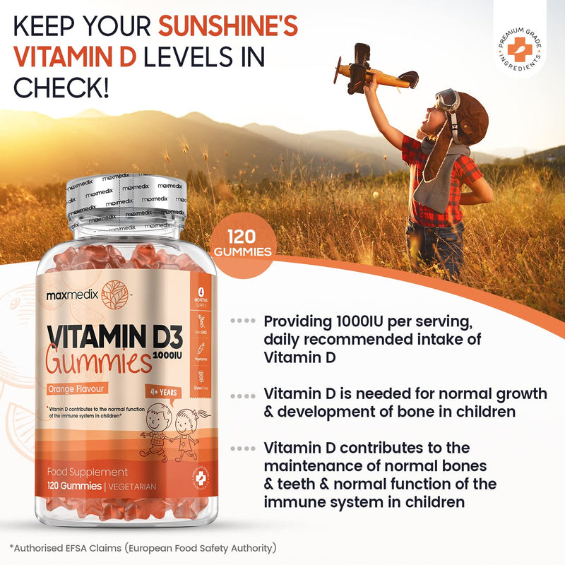 Vitamin D Gummies Kids 1000IU - Natural Orange Flavour Gummies - 4 Months Supply (120 Vitamin D3 Gummies) - One A Day - for 4 Years+ Children - Vegetarian, GMO & Gluten-Free Gummy Vitamin D for Kids - BeesActive Australia
