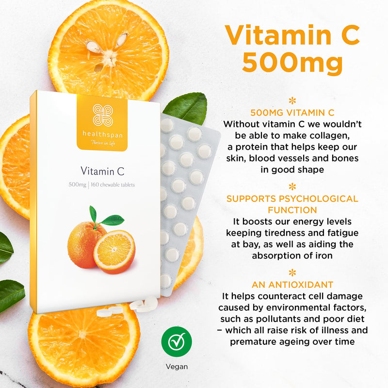 Healthspan Vitamin C 500mg (160 Chewable Tablets) | Supports Immune & Nervous Systems | Boosts Energy Levels & Psychological Function | Added Natural Citrus Bioflavonoids | Free of Aspartame | Vegan - BeesActive Australia