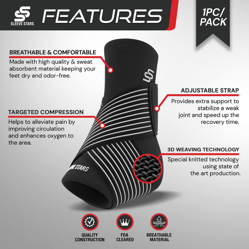 Sleeve Stars Ankle Brace for Women & Men, Plantar Fasciitis Relief & Ankle Compression Sleeve, Foot Brace w/Ankle Support Strap, Heel Protector Wrap for Pain, Tendonitis & Sprain (Single/Black) One Size Black 1 - BeesActive Australia
