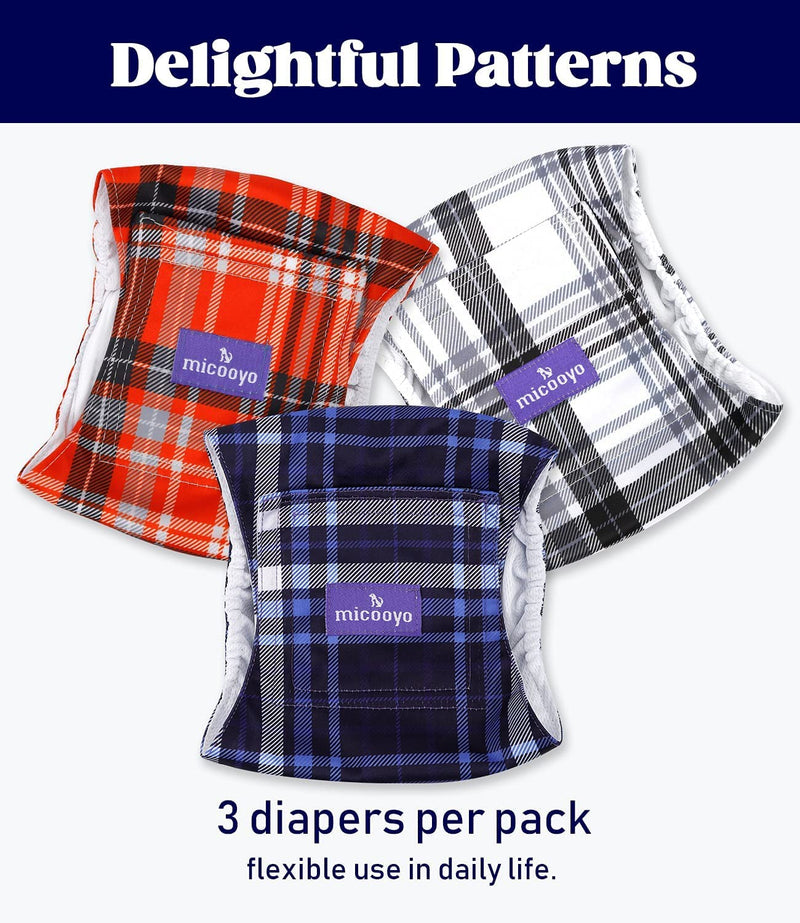 MICOOYO Washable Belly Bands for Male Dogs | Reusable Doggie Diapers | Absorbent Doggy Wraps with Adjustable Fastener (Pack of 3, Plaid Red & Blue & Grey) Grid S - BeesActive Australia