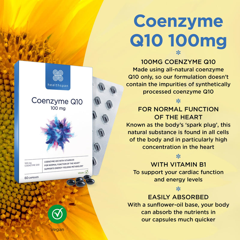 Healthspan Coenzyme Q10 100mg | 60 Capsules | Supports Heart Health & Energy Metabolism | Added Vitamin B1 | All Natural CoQ10 Fermented for Optimum Purity | Sunflower Oil Base | Vegan - BeesActive Australia