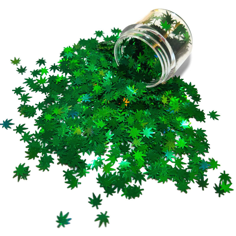 Allstarry Leaves Chunky Glitter Green Weed Leaf Sequins Holographic Fluorescence Flakes 10g Jar for Festival Rave Face Body Makeup Nail Decoration Grass Green - BeesActive Australia