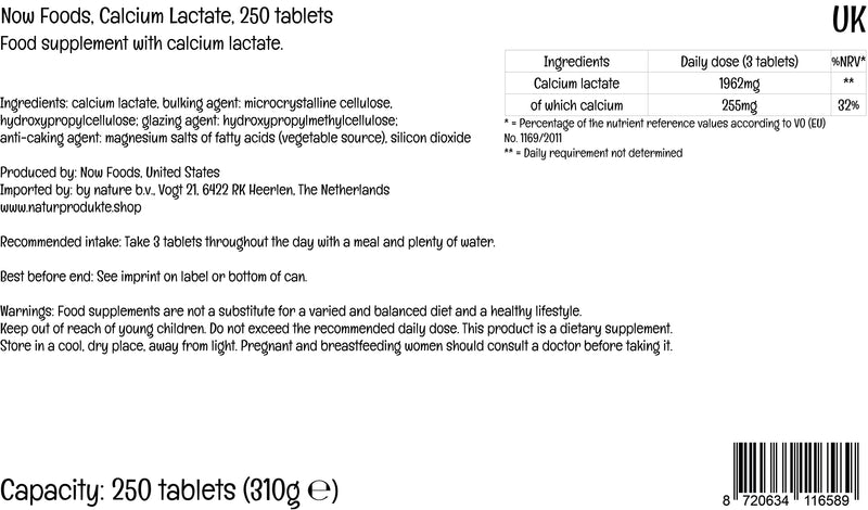 Now Foods, Calcium Lactate, High Dose, 250 Tablets, Lab-Tested, Gluten Free, Vegetarian, SOYA Free, Non-GMO - BeesActive Australia