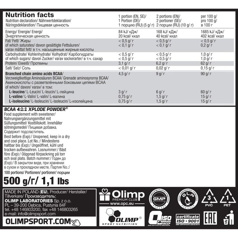 Olimp Labs BCAA 4:1:1 Xplode Powder, Fruit Punch Flavour, 500 g - BeesActive Australia