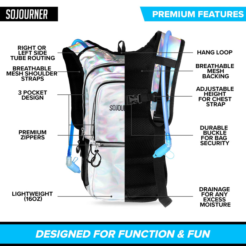 Sojourner Hydration Pack, Hydration Backpack - Water Backpack with 2l Hydration Bladder, Festival Essential - Rave Hydration Pack Hydropack Hydro for Hiking, Running, Biking, Festival Gear Holographic - Silver - BeesActive Australia
