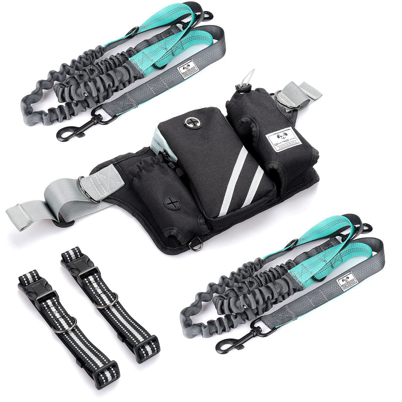 SHINE HAI Retractable Hands Free Dog Leash with Dual Bungees for Dogss, Adjustable Waist Belt, Reflective Stitching Leash for Running Walking Hiking Jogging Biking Blue For 2 Dog - BeesActive Australia