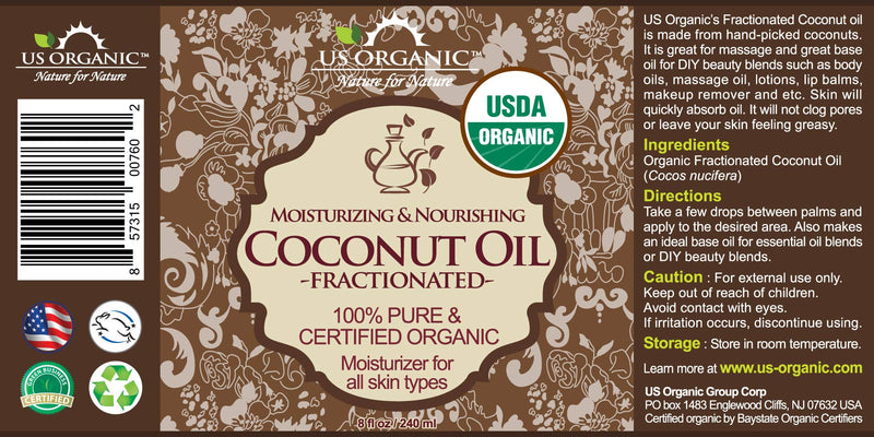 US Organic Fractionated Coconut MCT Oil (Liquid Coconut Oil), USDA Certified Organic, Non-GMO, Perfect for massage, carrier oil for DIY blends, Hair, Skin care. 100% Pure, Hexane-Free (8 oz) 8 Fl Oz (Pack of 1) - BeesActive Australia