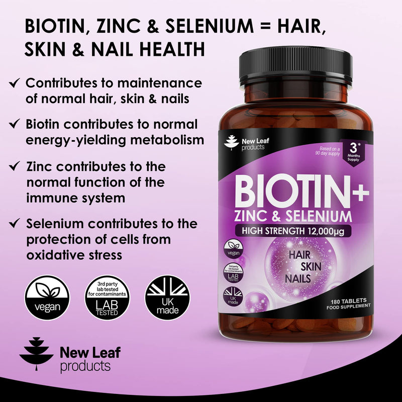 Biotin Hair Growth Vitamins 12,000mcg - Enriched with Zinc & Selenium � Hair Skin & Nails Vitamins for Women and Men -180 Vegan High Strength Hair Vitamins Biotin Tablets Complex -UK Made by New Leaf 90 Count (Pack of 1) - BeesActive Australia