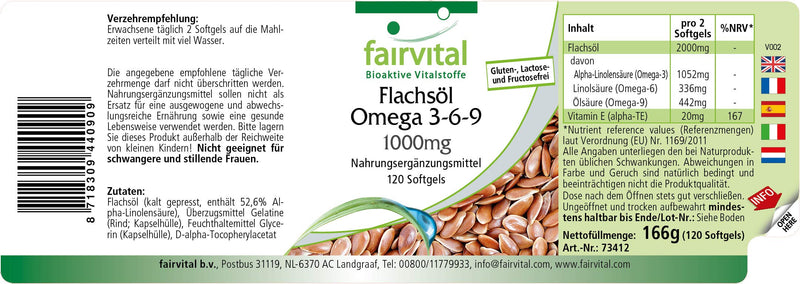 Fairvital | Flax Oil Linseed Omega 3-6-9 - Cold-Pressed - 120 softgels - Rich in Alpha-linolenic Acid - BeesActive Australia