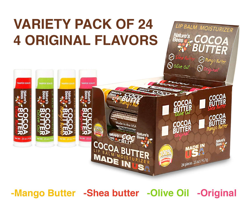 Nature's Bees, Cocoa Butter Lip Balms, Lip Moisturizer Treatment - Pack of 24, (Original Variety Assortments - Original, Olive Oil, Mango Butter, Shea Butter) Original Variety Assortments - BeesActive Australia