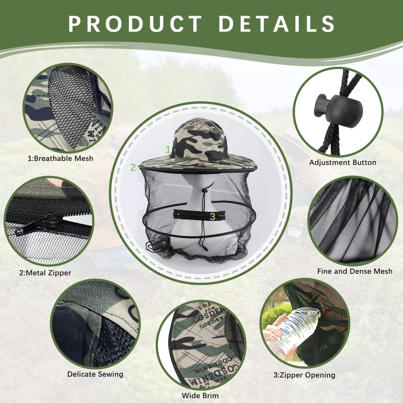 Mosquito Hat with Removable Netting,Midge Head Net Hat for Outdoor Hiking, Fishing, Camping, Climbing Camouflage Gray - BeesActive Australia