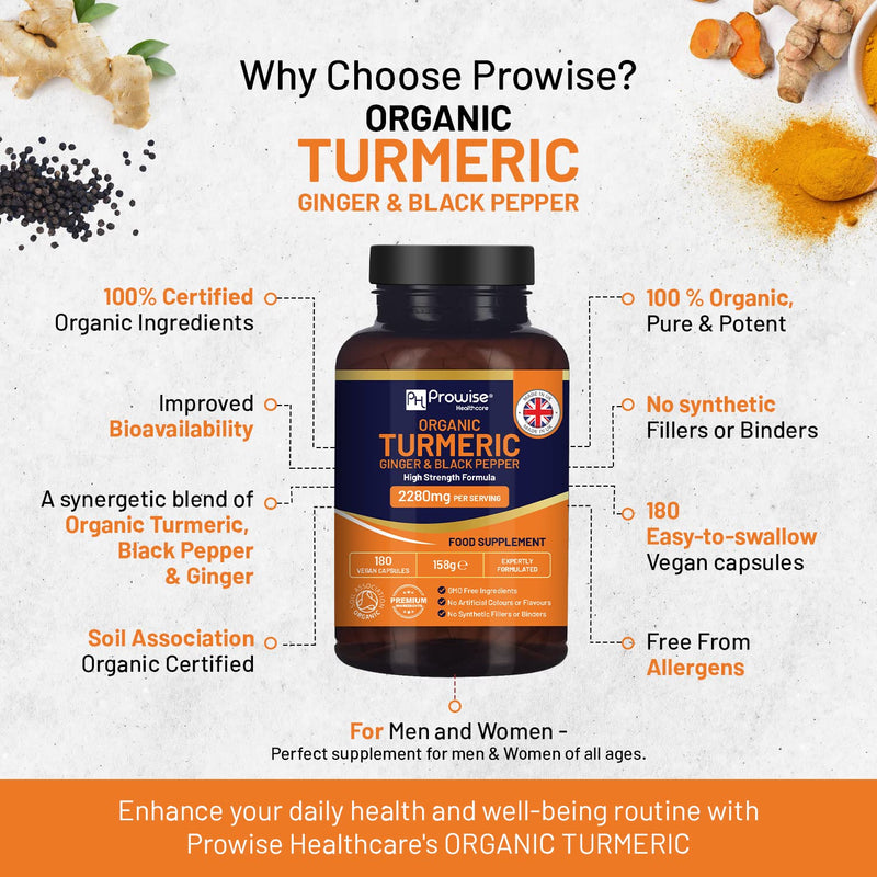 Organic Turmeric 2280mg (High Strength) with Black Pepper & Ginger - 180 Vegan Turmeric Capsules with Active Ingredient Curcumin I Soil Association Approved I UK Made by Prowise Healthcare - BeesActive Australia