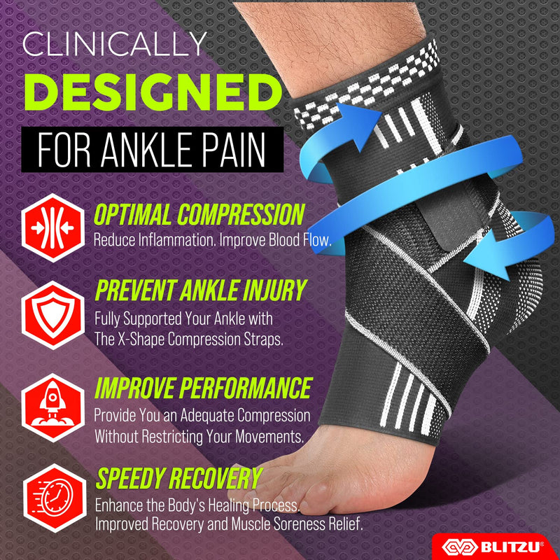 BLITZU Ankle Brace With Adjustable Compression Support Strap for Achilles Tendonitis, Joint Pain Relief. Ankle Wrap for Women & Men. Sprained Ankle & Protectors Sleeve Heel Pain, Foot Arch Black M Medium - BeesActive Australia