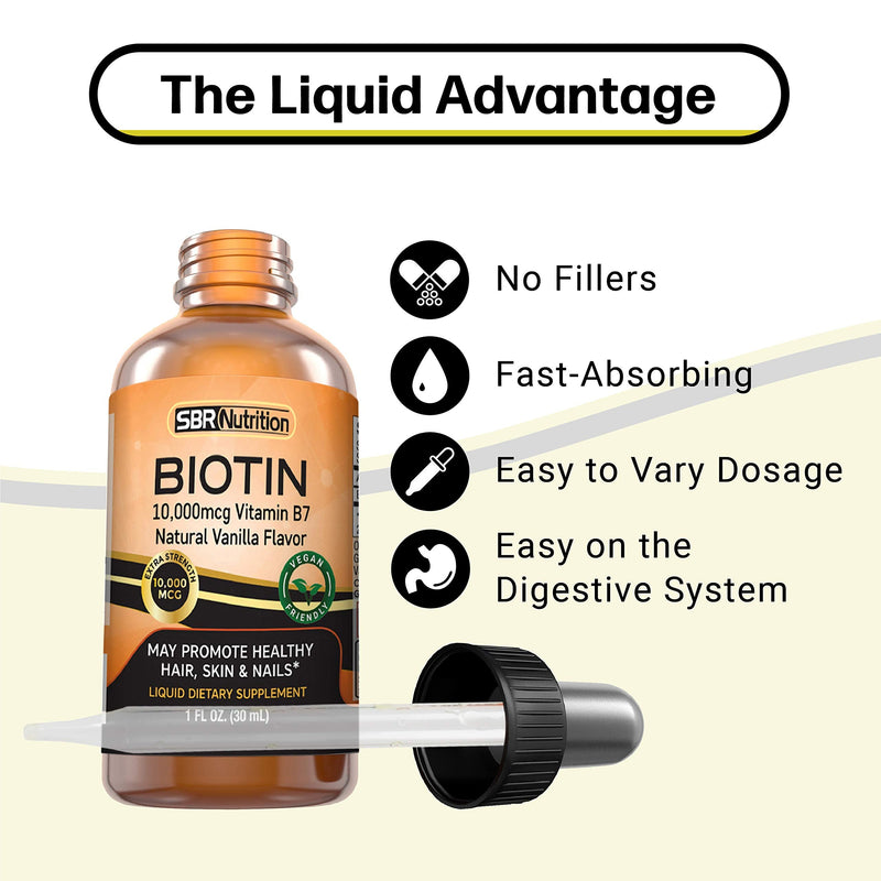 MAX Absorption Biotin Liquid Drops, 10000mcg of Biotin Per Serving, 60 Serving, No Artificial Preservatives, Vegan Friendly, Supports Hair Growth, Strong Nails and Glowing Skin, Made in USA Vanilla - BeesActive Australia