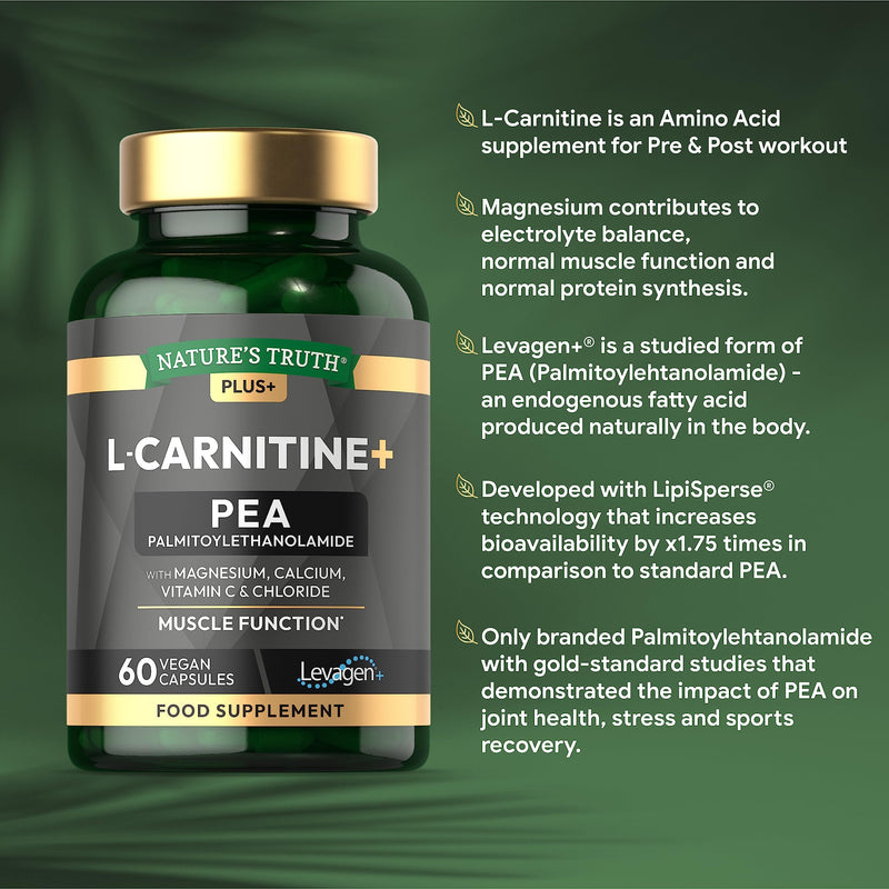 L-Carnitine Capsules | Complex with Magnesium, Calcium, Vitamin C & Chloride | Muscle Function Support | 60 Vegan Capsules | by Nature's Truth - BeesActive Australia