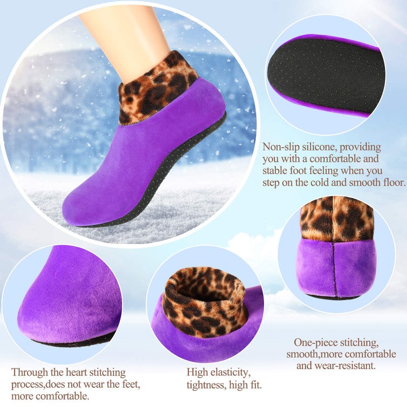 4 Pairs Non-Slip Thermal Socks Fleece Lady Floor Socks Leopard Printed Black, Blue, Purple, Coffee - BeesActive Australia