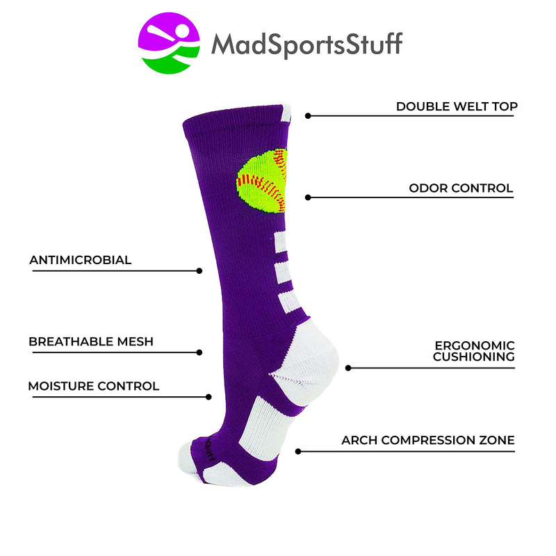 [AUSTRALIA] - MadSportsStuff Softball Logo Athletic Crew Socks (Multiple Colors) Purple/White Medium 