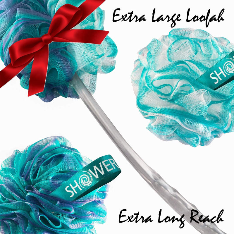 2-Side-Loofah-Back-Scrubber & Bath-Sponges by-Shower-Bouquet: 1-Long-Handle-Back-Brush Plus 2-Extra-Large 75g Soft Mesh Poufs, Men & Women - Exfoliate with Full Pure Cleanse in Bathing Accessories Green-white, Green-lavender - BeesActive Australia