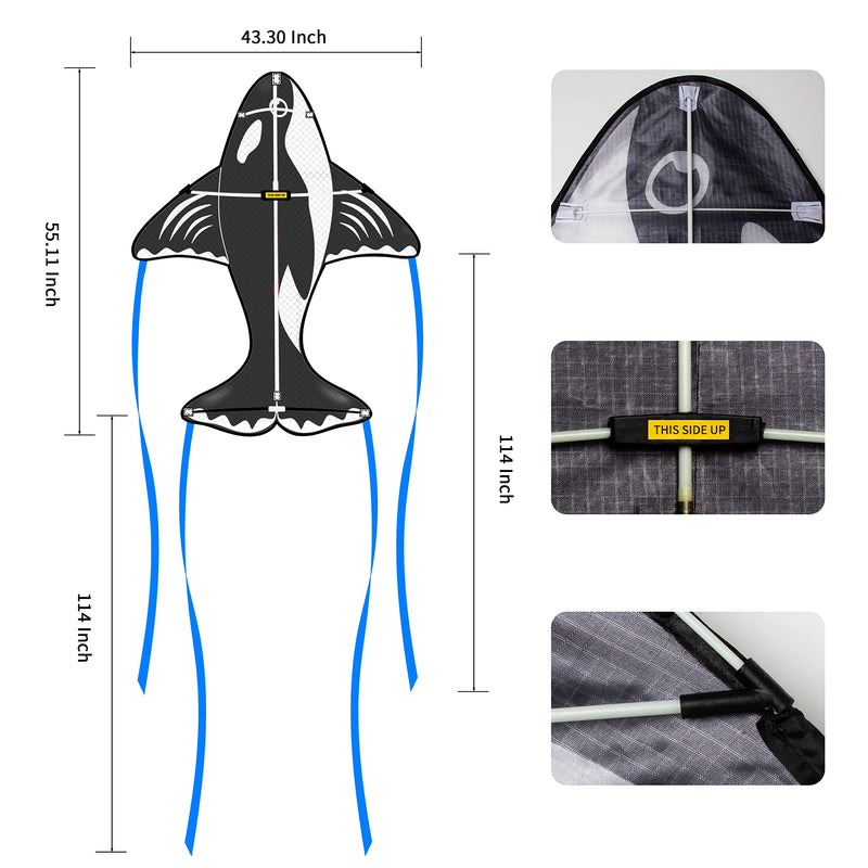 JEKOSEN 2022 Orca Kites for Kids Ages 4-8, 8-12, Adults Easy to Fly for Boys Girls Whale Kites with Long Tail for Beach Trip Family Outdoor Game Park Activities Black - BeesActive Australia