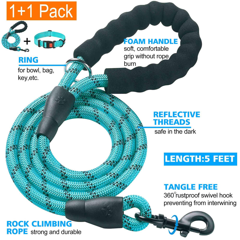 Ladoogo Heavy Duty Dog Leash - Comfortable Padded Handle, 5 ft Long - Dog Leashes for Small Medium Large Dogs Small (Pack of 1) Blue Leash+Collar - BeesActive Australia
