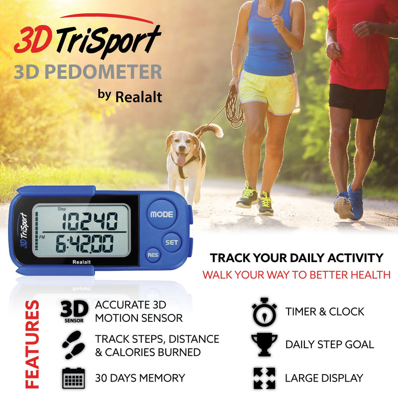 Realalt 3DTriSport Walking 3D Pedometer with Clip and Strap, Free eBook | 30 Days Memory, Accurate Step Counter, Walking Distance Miles/Km, Calorie Counter, Daily Target Monitor, Exercise Time. Blue - BeesActive Australia
